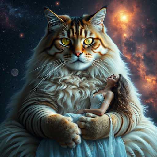 In this captivating digital artwork, a colossal cat with striking orange and white fur, adorned with black stripes, dominates the scene. The cat's piercing yellow eyes gaze directly at the viewer, exuding a sense of majesty and power. Nestled in the cat's gentle, feline arms is a woman with long, flowing brown hair, dressed in a stunning white gown. Her head rests peacefully on the cat's chest, and her eyes are closed, suggesting a state of serene slumber or deep relaxation. The background is a mesmerizing cosmic expanse, filled with swirling clouds of orange and black, dotted with twinkling stars. A prominent celestial body, possibly a planet, is visible on the left side of the image, adding to the otherworldly atmosphere. The overall composition blends elements of fantasy and science fiction, creating a dreamlike visual experience.