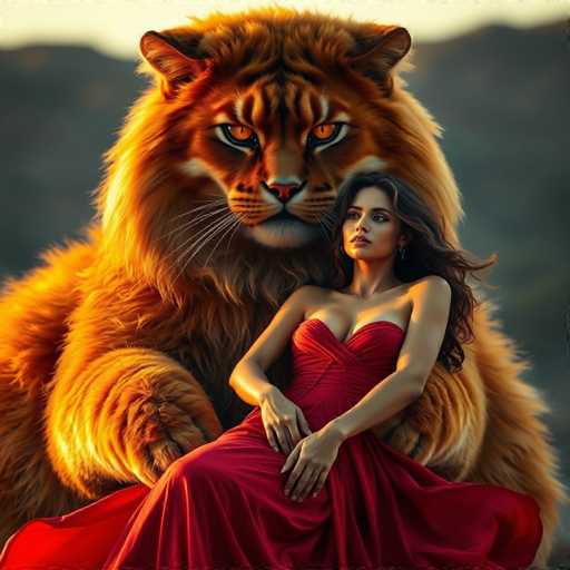 In this captivating image, a woman with long, flowing black hair is elegantly seated in a striking red dress. Her dress features a sweetheart neckline that beautifully accentuates her cleavage, and it is sleeveless, showcasing her bare arms. The dress is form-fitting, hugging her figure before flaring out into a voluminous skirt. Her hands rest gently on her lap, and she gazes off to the right, her expression serene and contemplative.

Behind her, a majestic, large cat—likely a lioness—rests protectively. The lioness's fur is a rich tapestry of orange and brown, with distinctive black stripes adorning her face. Her eyes are a mesmerizing amber, and her ears are perked up attentively. The lioness's paws are placed tenderly on the woman's legs, adding to the sense of companionship and safety in the scene.

The background is a soft blur of gray, with hints of green suggesting the presence of trees or bushes. This blurred backdrop serves to emphasize the intimate and detailed foreground, drawing the viewer's focus to the woman and her feline guardian. The overall composition creates a harmonious and enchanting tableau, blending elements of nature and elegance in a single, breathtaking moment.
