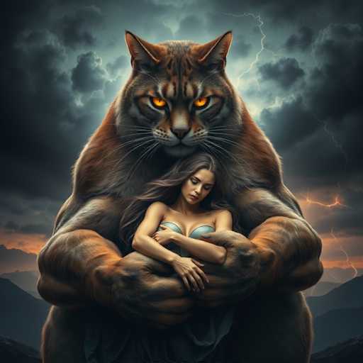 The image depicts a woman with long brown hair and dark skin embracing a large, muscular cat with orange fur and yellow eyes. The cat is positioned on the left side of the frame, while the woman is on the right. They are both facing each other in an intimate embrace against a backdrop of a stormy sky filled with clouds and lightning bolts.