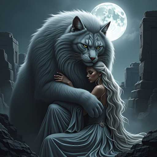 A digital painting in a fantasy style depicts a woman with long, flowing white hair and a dark teal gown embracing a massive, grey feline creature. The woman is nestled in the cat's large paws, her face resting against its soft fur, while the cat gazes at her with intense yellow eyes. The scene is set in a desolate, ancient landscape of crumbling stone structures and dark, jagged rocks under a full moon. The overall color palette is cool, with shades of grey, teal, and deep blue dominating the scene. The lighting is dramatic, highlighting the woman's and cat's features against the darker background.