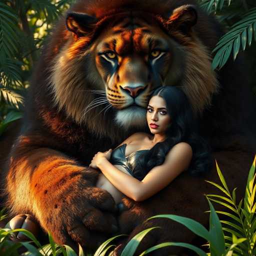 In this captivating image, a majestic tiger with striking orange and black stripes stands protectively in a lush jungle setting. The tiger's piercing yellow eyes gaze directly at the viewer, exuding a sense of strength and wild beauty. Nestled in the tiger's powerful embrace is a woman with long, flowing black hair that cascades down to her waist. She has a tan complexion and wears a sleek black leather bra, her expression serene and content. The woman's left arm is wrapped around the tiger's neck, while her right arm rests gently on the tiger's chest, symbolizing a deep bond and mutual trust between them. The background is filled with dense green foliage, creating a vibrant and immersive jungle atmosphere that enhances the primal connection between the woman and the tiger.