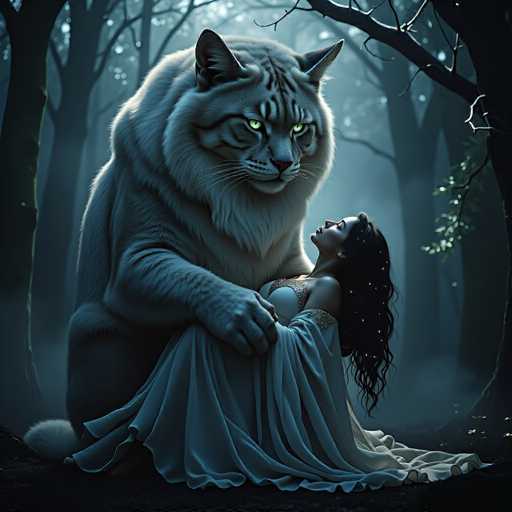 In this captivating fantasy illustration, a colossal white cat with striking black stripes and piercing yellow eyes stands protectively over a woman. The cat's massive paws gently cradle the woman, who is adorned in a flowing white dress with intricate gold embellishments on the bodice and sleeves. Her long, dark hair cascades down her back, adding to her ethereal appearance. The woman's eyes are closed, and she gazes upwards towards the cat, exuding a sense of trust and reverence. The scene is set in a dense forest, with tall trees framing the background and a soft, ethereal light filtering through the foliage. The overall atmosphere is one of mystical tranquility, as the giant feline guardian and the woman share a moment of serene connection amidst the natural surroundings.