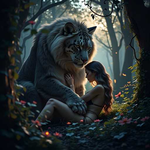 A woman is sitting on the ground surrounded by flowers and trees in a forest setting. A large tiger with white fur and black stripes is standing behind her.