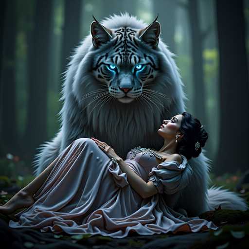 In this captivating fantasy illustration, a woman with dark hair styled in an elegant updo adorned with a silver brooch and matching earrings lies gracefully on the ground. She is dressed in a flowing, silky gown that cascades around her, its delicate folds adding to the ethereal atmosphere. Her bare feet are visible, and she wears a ring on her right hand, along with a bracelet on her wrist. The woman gazes upwards with a serene expression, her face illuminated by the mesmerizing glow of a large cat-like creature looming over her. This majestic beast, with its striking white fur and black stripes, has piercing blue eyes that seem to emanate light. Its ears are perked up attentively, and its long tail extends behind the woman, blending seamlessly with the lush, green forest backdrop. The creature's presence is both protective and awe-inspiring, creating a scene that feels like a moment frozen in a world of magic and wonder.