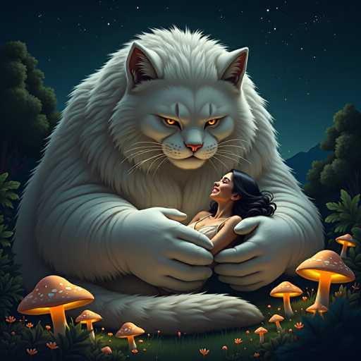 In this captivating fantasy illustration, a colossal white cat with piercing yellow eyes and a pink nose cradles a smiling woman in its gentle paws. The woman, with long black hair cascading down her back, wears a white dress and gazes up at the cat with a serene expression. The scene is set against a dark blue night sky dotted with stars, adding a magical ambiance. Surrounding them are lush green trees and a vibrant grassy field adorned with glowing orange mushrooms that emit a soft light. The cat's bushy tail and the woman's relaxed posture suggest a moment of tranquility and companionship in this enchanted forest setting.