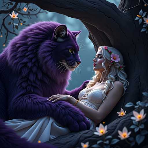 In this captivating fantasy illustration, a young woman with long, curly blonde hair adorned with a floral crown sits gracefully on a tree branch. Her hair cascades down her shoulders, framing her serene face. She is dressed in a delicate white nightgown, exuding an ethereal quality. Beside her, a majestic purple feline—resembling a panther or a large cat—rests protectively, its powerful presence adding a sense of magic to the scene. The tree they are perched on is lush with vibrant flowers, enhancing the enchanting atmosphere. The woman gazes lovingly at the cat, her expression filled with adoration, while the cat looks back at her with a calm, watchful eye. The overall composition evokes a sense of tranquility and wonder, reminiscent of a fairy tale or a scene from a fantasy world.