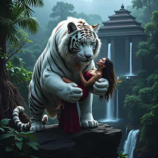 In this captivating fantasy painting, a majestic white tiger with striking black stripes and piercing blue eyes stands on a jagged rock formation. The tiger's powerful frame is accentuated by its long, striped tail that curls around the rock. Cradled lovingly in the tiger's arms is a woman with long, flowing brown hair, dressed in a stunning red gown. Her head tilts back in adoration as she gazes up at the magnificent creature. One of her legs is wrapped around the tiger's neck, while her other leg dangles freely. Her red high-heeled shoe peeks out from beneath her dress, adding a touch of elegance to the scene.

The background is a lush, misty forest filled with towering trees and dense foliage. A majestic waterfall cascades down behind the tiger, flowing through a structure that resembles a Japanese pagoda, complete with a tiered roof and pillars. The pagoda adds an exotic architectural element to the serene natural setting. The entire scene is bathed in a soft, ethereal light, enhancing the dreamlike quality of this enchanting tableau.