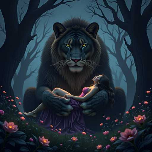 In this captivating fantasy illustration, a majestic black tiger with piercing yellow eyes and a striking pink nose cradles a woman in its powerful paws. The woman, adorned in a flowing purple dress, reclines gracefully against the tiger's chest, her long black hair cascading down. Her eyes are closed, and her head tilts back in a serene expression, suggesting she is either asleep or in a state of peaceful repose. The tiger's massive, furry hands gently support her legs, adding to the sense of tenderness in the scene.

Surrounding them, a lush carpet of grass and vibrant pink lotus flowers with glowing yellow centers create a mystical and enchanting atmosphere. The background is filled with the silhouettes of tall, leafless trees, their dark forms contrasting against the deep blue sky, which adds to the ethereal quality of the setting. The tiger's fur is a rich dark brown, almost black, with a lighter brown mane that frames its face, enhancing its regal appearance. The overall composition exudes a sense of tranquility and otherworldly beauty, drawing the viewer into this magical moment.