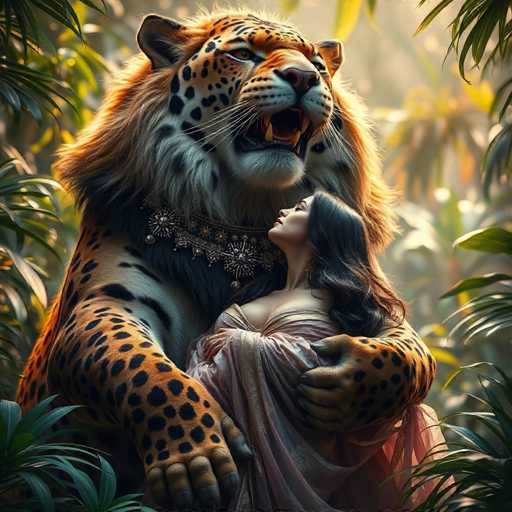 In this captivating digital artwork, a majestic tiger with a striking orange and white coat adorned with black spots stands protectively in a lush jungle setting. The tiger's powerful presence is accentuated by a large, intricate collar encircling its neck, embellished with an array of jewels and intricate designs. The tiger's mouth is open, revealing its sharp fangs, and its piercing eyes gaze intently to the right.

Nestled in the tiger's embrace is a delicate woman with long, flowing black hair. She is dressed in a sheer, pinkish gown that elegantly drapes over her form, adding a touch of ethereal beauty to the scene. The woman's eyes are closed, and she looks up at the tiger with a serene expression, her head gently resting against its chest. The tiger's right paw tenderly cradles her back, while its left paw rests protectively on her side.

The background is a vibrant tapestry of green foliage, with palm trees and other tropical plants creating a dense, jungle-like atmosphere. Sunlight filters through the leaves, casting a warm glow over the entire scene, enhancing the magical and enchanting quality of this digital masterpiece.