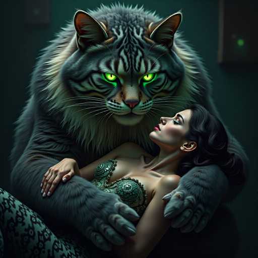 In this captivating fantasy illustration, a strikingly large cat with a human-like face and piercing green eyes gazes intently at a woman lying in its lap. The cat's fur is a mesmerizing blend of gray and black, with a distinctive white mane encircling its neck. Its paws gently cradle the woman, who is adorned in a green, lacy bra and matching pants. The woman, with her long black hair cascading down, has her eyes closed and her head tilted back in a serene expression. The background is a deep, dark green, adding to the mystical atmosphere of the scene. The cat's intense stare and the woman's peaceful demeanor create a powerful contrast, evoking a sense of enchantment and otherworldly allure.