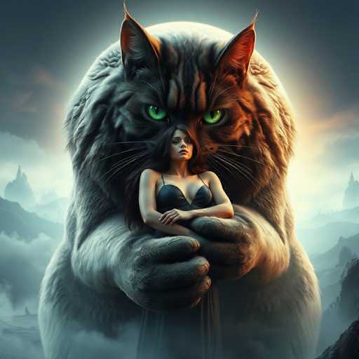 In this captivating fantasy illustration, a colossal cat with striking green eyes and a luxurious coat of black and brown fur looms protectively over a woman. The woman, with her long, flowing brown hair cascading past her shoulders, exudes an air of elegance in a sleek black dress. She stands with her arms crossed, gazing directly at the viewer, her expression calm and composed. The cat's massive paws gently cradle her, adding to the sense of safety and companionship. The backdrop is a misty landscape, with ethereal mountains and castles shrouded in clouds, enhancing the mystical atmosphere. The scene is bathed in a soft, yellow light emanating from behind the cat, casting a warm glow over the entire composition. The intricate details and the harmonious blend of elements create a mesmerizing and enchanting visual narrative.