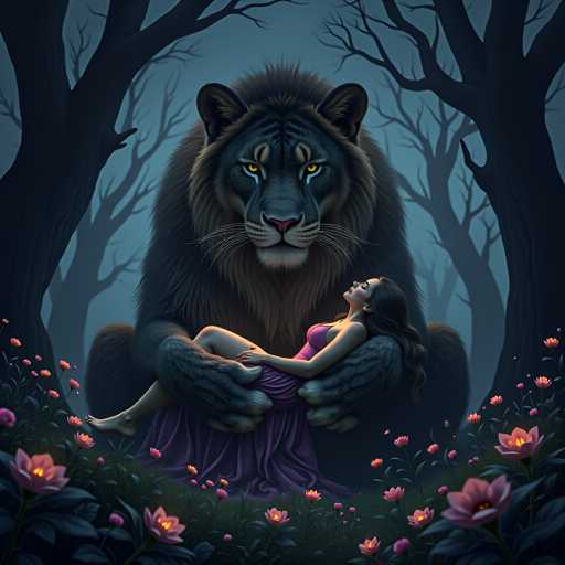 The image depicts a woman lying on her back with her legs crossed and arms resting on the lap of a large tiger. The tiger is standing behind the woman, its head turned to the side as if observing something in the distance. The background features trees and flowers, creating an atmosphere of tranquility and harmony between nature and wildlife.