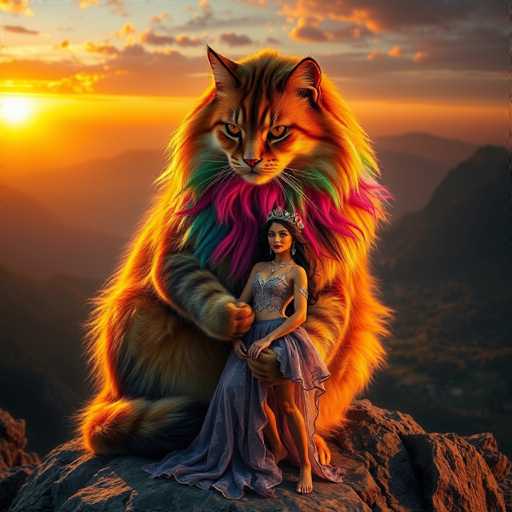 In this captivating image, a majestic cat with a strikingly long mane of fur stands prominently in the foreground. The cat's fur is a mesmerizing blend of orange and black, with its mane showcasing an array of colors including pink, green, and blue. Its piercing yellow eyes add an intense and mesmerizing quality to its gaze. The cat's front paws are gently placed on the shoulders of a woman standing beside it. The woman is adorned in a silver top and a flowing purple skirt, with a silver crown resting atop her head. She has long black hair that cascades down her back, and her bare feet are visible. The background features a serene landscape with a clear blue sky dotted with clouds, and a sun that is either rising or setting, casting a warm glow over the scene. The sun's light reflects off the cat's fur, enhancing its vibrant colors. In the distance, a range of mountains can be seen, adding depth and a sense of grandeur to the image.