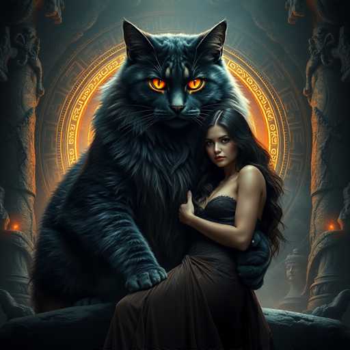 In this captivating fantasy illustration, a woman with long, dark hair and striking red lipstick stands gracefully beside an enormous black cat. The cat, with its piercing orange eyes and long whiskers, towers over her, its massive paw resting protectively on her hip. The woman, dressed in a sleek black dress, gazes directly at the viewer, exuding an air of mystery and allure. They are positioned in front of an ancient-looking stone archway, intricately adorned with glowing symbols that emit a warm, golden light. The archway is flanked by two stone columns, adding to the mystical atmosphere. In the background, a serene statue of a woman can be seen, further enhancing the enchanting and otherworldly feel of the scene.