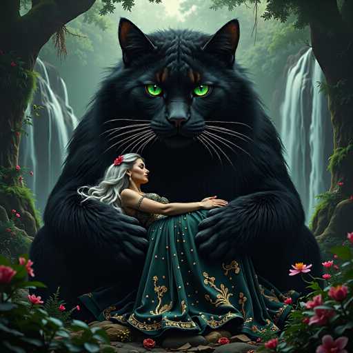 In this captivating fantasy illustration, a colossal black cat with striking green eyes and long white whiskers dominates the scene. The cat's fur is sleek and glossy, and it has distinctive brown markings above its eyes, resembling eyebrows. Its ears are perked up attentively. Cradled gently in the cat's paws is a woman with long, flowing silver hair adorned with a red flower. She is dressed in an elaborate green gown embellished with gold floral patterns and intricate designs along the hem. The woman, who has red lipstick and a red earring, is gazing off to the right. The background features a lush forest with tall trees and cascading waterfalls on either side, creating a serene and enchanting atmosphere. The cat's expression is one of curiosity as it looks directly at the viewer, adding to the mystical allure of the scene.