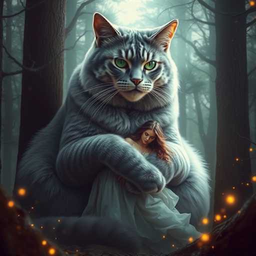 In this captivating fantasy illustration, a colossal gray cat with striking green eyes and black stripes dominates the scene. The cat's fur is a blend of gray and white, with distinctive black markings around its nose and eyes, and it has prominent whiskers. Its enormous paws gently cradle a young woman with long, wavy brown hair, who is dressed in a flowing white gown. The woman appears to be resting her head on the cat's chest, exuding a sense of tranquility and trust. The background is a dense forest with tall, dark trees, and the ground is sprinkled with glowing orange fairy lights, adding a magical ambiance to the setting. The overall image is rendered in a dark, muted palette, enhancing the mystical and enchanting atmosphere.