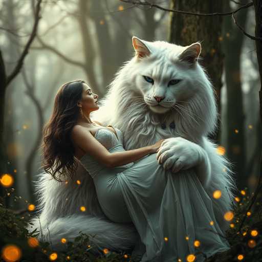 In this captivating image, a woman is seated gracefully on the lap of a majestic white cat. The cat, with its striking blue eyes, exudes an air of regality and mystery. Its fur is pristine white, contrasting beautifully with the woman's attire. The woman, adorned in a flowing white dress, has long, dark hair cascading down her back. She appears serene and content, with her eyes gently closed as she rests her hand tenderly on the cat's paw. The cat's paw, with its long, sharp claws, rests protectively on her leg. The background is a soft blur of trees, creating a dreamy, ethereal atmosphere. Scattered throughout the image are small, glowing orange orbs, adding a touch of enchantment to the scene. The overall composition evokes a sense of tranquility and wonder, capturing a moment of perfect harmony between the woman and the mystical feline.