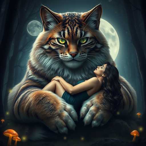 In this captivating fantasy illustration, a massive, majestic tiger with striking orange fur and bold black stripes dominates the scene. Its piercing green eyes gaze directly at the viewer, exuding an aura of power and mystery. The tiger's enormous paws are gently cradling a woman who appears to be in a deep, peaceful slumber. She is dressed in a short, green dress, and her long, dark hair cascades down her back. Her head rests on the tiger's right paw, while her body is curled up on its left paw, with her legs drawn close to her chest. The woman's serene expression and relaxed posture suggest a sense of trust and comfort in the tiger's presence.

The background sets a mystical mood with a large, luminous moon casting a soft glow over the scene. To the left of the moon, a smaller planet adds an extra layer of intrigue to the night sky. The setting is further enhanced by the silhouettes of trees on either side, creating a sense of depth and enclosure. The ground beneath the tiger is dotted with vibrant orange mushrooms, each with a distinctive white spot on top, adding a touch of whimsy and enchantment to the overall composition.