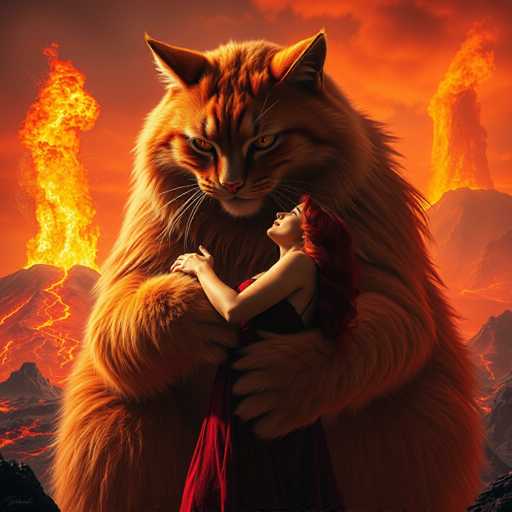 In this captivating fantasy illustration, a colossal orange cat with striking yellow eyes and long whiskers stands protectively over a woman. The woman, adorned in a flowing red dress, has long, flowing red hair and gazes up at the majestic feline with a look of awe and affection. The cat's massive paws gently cradle her, exuding a sense of comfort and safety. The backdrop is a dramatic volcanic landscape, with two towering volcanoes spewing bright orange lava into the sky. The intense flames illuminate the scene, casting a warm glow on the cat's fur and the woman's red attire. The sky is a mesmerizing blend of orange and gray hues, enhancing the otherworldly atmosphere. The volcanic ash drifts across the sky, adding to the surreal and enchanting quality of the image. This detailed and vividly colored artwork beautifully captures a moment of serene connection between the enormous cat and the woman amidst a fiery, fantastical world.