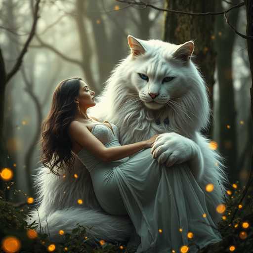 A woman is sitting on a large white cat with long fur and blue eyes in a forest setting. The cat appears to be wearing a dress.