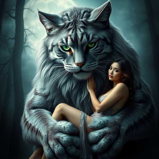 A woman with long brown hair is sitting on a rock and holding the back of a large gray tiger that has its mouth open wide. The tiger's fur appears to be white with black stripes, giving it an almost mythical appearance. The background features trees and a full moon, creating a sense of depth in the image.