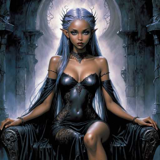 A woman with long dark hair and blue eyes is seated on a throne-like chair in the center of an ornate room. She is wearing a black dress adorned with intricate lace detailing and has a crown on her head. The room features a large archway that serves as the backdrop for the scene, which appears to be part of a larger painting or illustration.