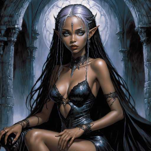 The image depicts a striking, computer-generated fantasy character with a blend of human and otherworldly features. The central figure is a woman with dark brown skin and long, flowing black hair that transitions to a grayish hue at the top. Her hair is adorned with silver, horn-like accessories, and she has prominent, pointed ears reminiscent of an elf. Her eyes are a captivating light blue, and she wears red lipstick that accentuates her full lips. A silver, diamond-shaped ornament is placed on her forehead, adding to her mystical appearance.

She is dressed in a revealing black leather dress that exposes her cleavage and much of her legs, with the dress being quite short. The outfit is complemented by various silver jewelry, including a choker around her neck, bracelets on her wrists, and an armband on her left arm. Her right hand rests on the arm of a black chair, while her left hand is placed on her leg.

The background features a large, circular window with intricate designs, through which a bright light shines, casting a dramatic glow on the character. The setting appears to be a stone building with arches and columns, enhancing the fantasy atmosphere of the scene.