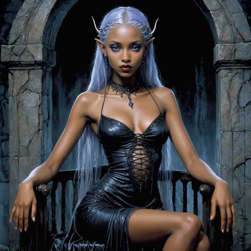 The image depicts a striking, computer-generated fantasy character of African descent with a blend of human and elf-like features. She has long, flowing purple hair and pointed ears, reminiscent of an elf. Her blue eyes are accentuated by heavy eye makeup, and she wears a bold red lipstick. Adorning her head is a silver crown with horns, and she has a choker necklace with a pendant. Her attire is a black leather dress with lacing up the front, complemented by a sheer skirt. She is seated on a wooden chair, her hands resting on the armrests, and gazes directly at the viewer. The background features a stone archway with a dark, shadowy interior, adding to the mystical atmosphere of the scene.