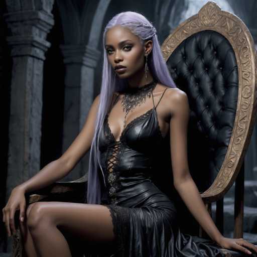 In this captivating image, a young woman with a dark complexion and striking purple hair sits gracefully on a grand, ornate chair. Her hair, parted in the middle, cascades down to her waist, with a section elegantly pulled back and adorned with a delicate headband. She gazes directly at the camera, her expression serene and composed.

Her attire is equally captivating; she wears a black leather dress that features intricate lace details around the neckline and chest, adding a touch of sophistication to her ensemble. A large, ornate necklace with a prominent pendant hangs around her neck, drawing attention to her neckline.

The chair she sits on is a masterpiece of craftsmanship, with a black leather seat and backrest framed by an elaborate gold border. The chair's design is both regal and imposing, perfectly complementing the woman's poised demeanor.

The background of the image is a muted gray, with stone columns visible on the left side, adding a sense of grandeur and timelessness to the scene. The overall composition creates a striking contrast between the woman's vibrant presence and the muted, elegant surroundings.