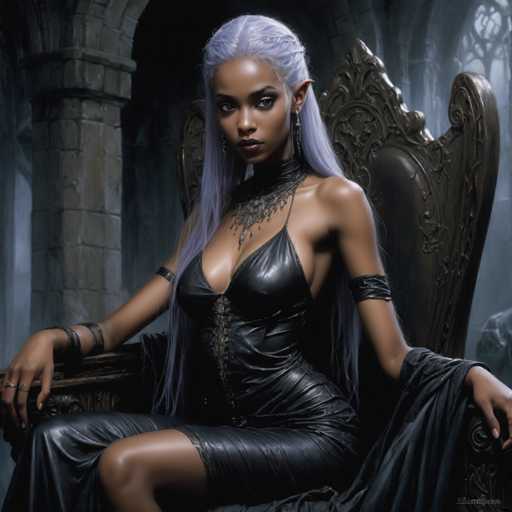 The image depicts a highly detailed, computer-generated scene of a dark-skinned woman with long, flowing gray hair, seated on an ornate, medieval-style throne. She has distinct pointed ears, suggesting she might be an elf or a character from a fantasy realm. Her attire is a form-fitting, black leather dress that accentuates her figure, with a deep neckline and a corset-like front. She accessorizes with a large, intricate black choker necklace adorned with crystals and a black leather armband on each arm. The setting is a dimly lit, stone-walled castle, with a large window in the background that allows a faint light to filter through, adding to the mysterious and enchanting atmosphere. The woman gazes directly at the viewer with a serious expression, her head slightly tilted, exuding an aura of power and intensity.