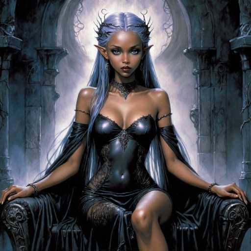 The image depicts a striking fantasy character, a dark-skinned woman with long, flowing blue hair that cascades down her back. She has pointed ears, reminiscent of elven or fairy features, and wears a crown made of black spikes. Her attire is a form-fitting, black leather corset that accentuates her chest and stomach, with sheer sleeves that extend from her elbows to her wrists. She also sports a choker necklace with a central jewel. Seated on a black, ornate throne, she exudes an air of authority and mystique. The background features a grand, cathedral-like setting with stone archways and columns, adding to the majestic and otherworldly atmosphere of the scene.