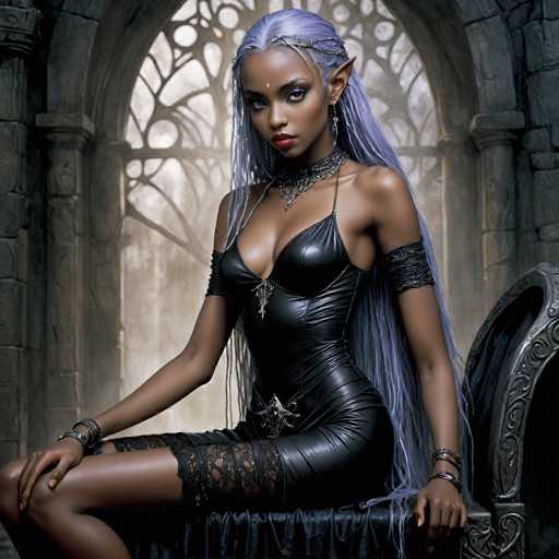 The image depicts a highly detailed, computer-generated or AI-generated fantasy character, possibly from a video game or movie. The character is a dark-skinned woman with long, flowing purple hair that cascades down to her waist. She has distinct, pointed ears reminiscent of an elf, and her face is adorned with a jewel on her forehead and a nose ring. Her makeup is striking, featuring red lipstick and heavy eye makeup.

She is dressed in a form-fitting, black leather corset that accentuates her figure, with lace details around her thighs. The corset is complemented by a choker necklace and a belt with a silver buckle. Her arms are wrapped in black leather armbands, and she wears multiple bracelets on both wrists.

The character is seated on a black leather chair, with her legs crossed. The background features a grand, cathedral-like setting with large, ornate windows and stone walls, adding to the majestic and mystical atmosphere of the scene.