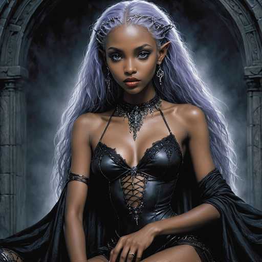 The image depicts a striking, computer-generated fantasy character of a young woman with dark skin and long, flowing purple hair. She has pointed ears, suggesting she is an elf, and her eyes are a captivating shade of blue. She is adorned with a silver crown-like headpiece and wears a black leather corset with lacing up the front, complemented by a black choker necklace. Her attire includes a flowing black cape that drapes around her, and she has silver bracelets on her right arm. The character is seated in a powerful, commanding pose, with her left hand resting on her right thigh. The background features a dark, smoky atmosphere with a stone archway, enhancing the mystical and dramatic aura of the scene.