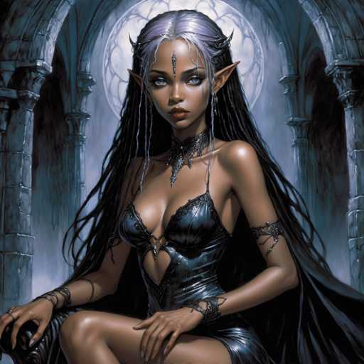 The image depicts a woman with long dark hair and a beautiful blue eyeshadow look. She is wearing a black dress that has a cutout on the front, giving it an ethereal appearance. The woman is seated in what appears to be a throne-like position, suggesting she might be royalty or a powerful figure. The background features a large window with intricate designs and patterns, adding depth and complexity to the scene.