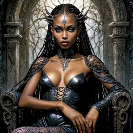 The image depicts a striking, AI-generated fantasy character of a dark-skinned woman with long, black braided hair. She is seated on a highly ornate, dark gray throne that features intricate vine and leaf designs. The throne's armrests are shaped like keyholes, adding to its elaborate appearance. The woman is adorned in a black leather corset with lacing up the front, complemented by fishnet sleeves and a matching choker. Her attire includes black tights, and she wears a silver necklace with a pendant. She has blue eyes, red lips, and a silver ornament on her forehead. Her ears are pointed, and she wears a crown-like headpiece with black spikes protruding from the sides. The background features a large, stained glass window with a grayish hue, framed by stone columns, enhancing the overall medieval fantasy ambiance of the scene.
