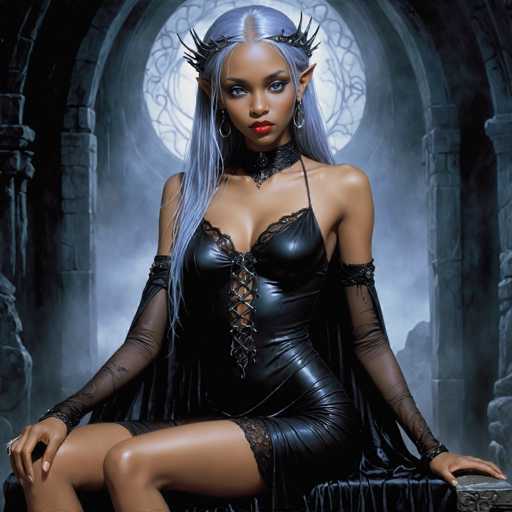 The image depicts a striking, computer-generated scene featuring a young woman with dark skin and long, silvery-blue hair. She is seated on a stone throne, her body facing forward while her head is turned slightly to the left. Her attire is a form-fitting, black leather dress with lace details and a corset-like front, complemented by sheer sleeves that extend from her elbows to her wrists. She wears a black choker around her neck and silver hoop earrings. Her lips are painted a vivid red, and her eyes are a mesmerizing blue. Adorning her head is a crown-like tiara with spikes, and her ears are pointed, giving her an elfin appearance. The background features a large, circular stained glass window with intricate designs, set within a stone archway, adding to the mystical and ethereal atmosphere of the scene.