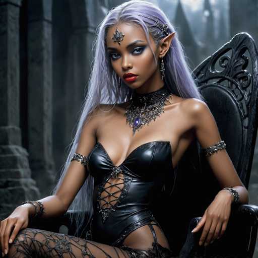 The image depicts a striking, computer-generated female character with dark skin and long, flowing purple hair. She is seated on a black, ornate chair, exuding an aura of power and mystery. Her attire is a form-fitting, black leather outfit that reveals her shoulders and chest, accentuated by intricate lace-up details on the front. She wears a black choker with a prominent purple jewel at its center, and her accessories include silver bracelets on her wrists and upper arms, a silver armband, and a silver piece of jewelry on her forehead. Her pointed ears and heavy eye makeup, featuring blue eyeshadow and red lipstick, further enhance her otherworldly appearance. The background is a dark, grayish hue, adding to the overall dramatic and intense atmosphere of the scene.