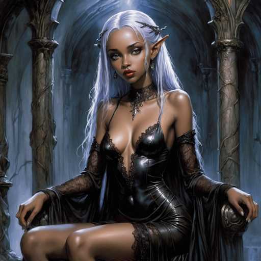 The image depicts a highly detailed, computer-generated illustration of a dark-skinned female elf seated on a throne-like chair. The background features a bluish-gray hue with stone columns and arches, giving the impression of a grand, ancient setting. The elf has long, flowing white hair adorned with a crown or headband, and her pointed ears are accentuated by a silver piece of jewelry. She is dressed in a revealing black leather bodysuit with lace sleeves and a lace skirt, which exposes her legs. Her makeup includes striking red lipstick, and she wears a choker necklace with a cross pendant. The elf's expression is serious, and she gazes directly at the viewer, exuding an aura of power and mystery.