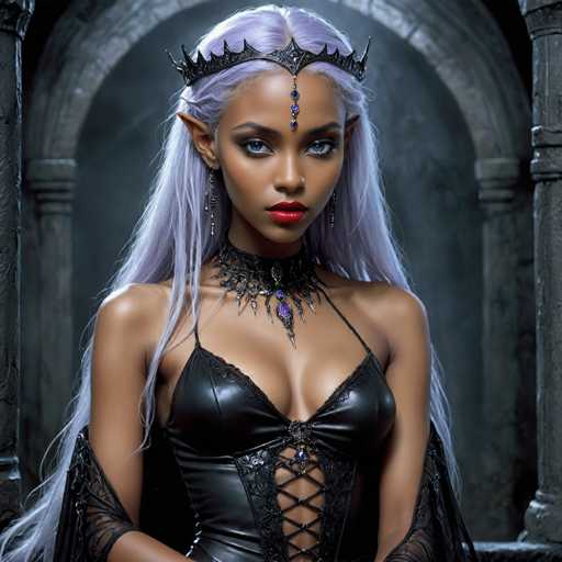 The image depicts a highly detailed, computer-generated character that appears to be from a video game or animated series. The character is a female with dark skin and striking blue eyes, adorned with a black crown featuring a jewel that hangs down the center of her forehead. She has long, flowing gray hair and pointed ears, suggesting she might be an elf or a similar mythical being. Her attire includes a black leather corset with lace details and crisscross lacing up the front, complemented by a black choker necklace with purple jewels. She also wears long, dangling earrings. The background is a dark, gray stone archway, adding to the mystical and dramatic atmosphere of the scene.