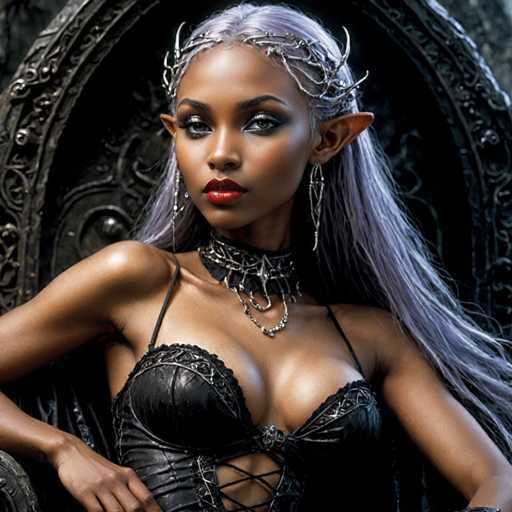 A stunning, close-up portrait of a fantasy elf woman seated on an ornate, dark throne. She has a rich, warm skin tone and striking features: piercing dark eyes with dramatic makeup, long, flowing silver-purple hair adorned with intricate silver headwear and delicate ear-like ornaments. She wears a black, intricately detailed corset-style top with silver embellishments and a matching choker necklace. Her lips are painted a deep red, and she has subtle silver earrings dangling from her ears. The background is dark and slightly blurred, focusing all attention on the woman's captivating face and elegant attire. The overall lighting is soft yet dramatic, highlighting her features and the textures of her clothing and jewelry.