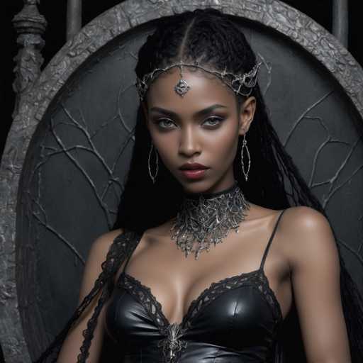 The image shows a woman with long dark hair wearing a black strapless dress and a silver headpiece adorned with a large pendant. She is positioned against a backdrop of a stone wall or gate, suggesting an ancient or medieval setting. The woman's gaze is directed straight at the camera, creating a sense of connection between her and the viewer.