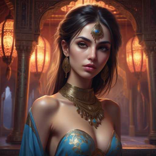 This image portrays a strikingly beautiful woman, possibly of Middle Eastern or Indian descent, adorned in traditional attire. She has long, dark hair and wears an ornate gold headpiece with a blue jewel that rests elegantly on her forehead. Her makeup is meticulously applied, enhancing her captivating features. She is dressed in a stunning blue and gold gown, with a matching blue and gold choker that complements her attire. The background suggests she is in a grand, ornate building, possibly a palace, with intricate architectural details and hanging lanterns that add to the majestic ambiance. The overall scene exudes a sense of regality and timeless beauty.