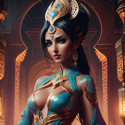 This image features a strikingly beautiful woman with dark, almost black hair styled in an elaborate updo. She wears an ornate crown adorned with blue jewels, which extends down to a medallion resting on her forehead. Her makeup is meticulously applied, highlighting her expressive eyes and full lips. She is dressed in a low-cut blue outfit, intricately detailed with gold accents, and her shoulders are bare. The background is a dimly lit, ornate room with golden hues, featuring intricate carvings and a large archway. The scene is illuminated by warm, glowing lanterns, adding to the overall sense of opulence and mystery.