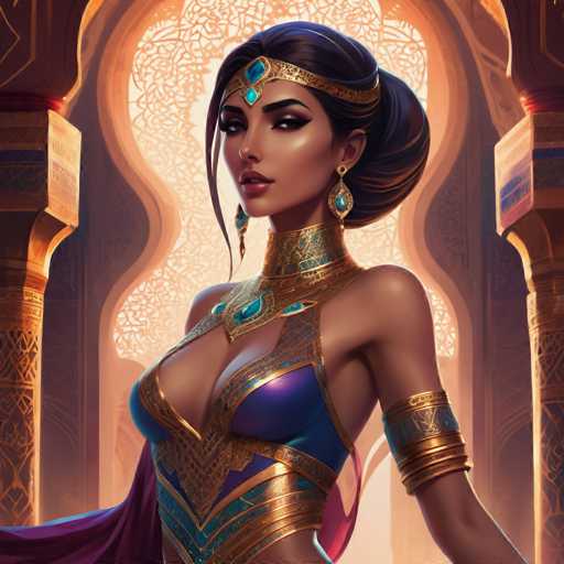 This image depicts a highly detailed, computer-generated or AI-generated painting of a woman with dark brown skin and long, dark brown hair styled in a bun with a few strands framing her face. She is adorned with an ornate gold headband featuring a blue jewel at the center, and her makeup includes dark eyeshadow and pink lipstick. Her attire is a striking combination of purple and gold, with a purple bra-like top and a matching purple cape. She wears an elaborate gold necklace with blue jewels, a gold choker, and a gold armband with blue accents. Her earrings are large and teardrop-shaped, also blue. The background showcases a golden archway with intricate designs, flanked by two golden columns, suggesting she is in a grand, ornate building. The overall composition highlights her regal and majestic appearance.