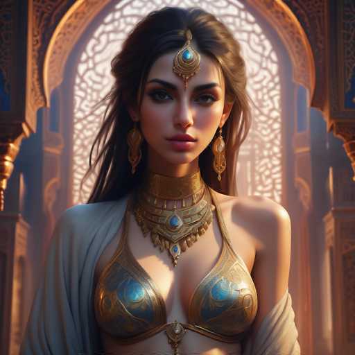 The image depicts a young woman, possibly in her late teens or early twenties, with long dark brown hair. She is adorned in elaborate gold and blue jewelry, including a forehead ornament, earrings, a choker, and a necklace with a prominent blue gem. Her attire features a gold bikini top with blue accents, and she is draped in a white shawl. The background suggests she is standing in a grand, ornate building with intricate architectural details, possibly a church or a palace, illuminated by sunlight streaming through a large window. The overall scene exudes a sense of opulence and historical grandeur.