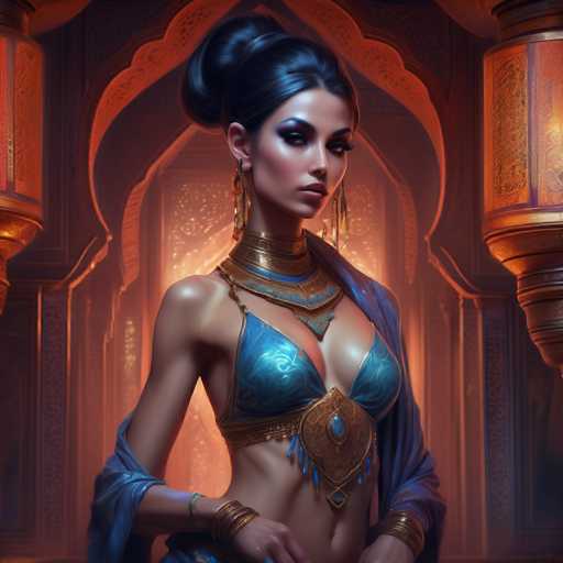 The image depicts a strikingly beautiful woman with dark, shiny hair styled in an elegant updo. She is adorned in a stunning blue and gold bikini, complemented by a matching blue shawl draped over her shoulders. Her outfit is accentuated with intricate gold and blue jewelry, including a prominent choker and a large pendant hanging from her chest. The woman's long, dangling earrings add to her regal appearance. She stands in a dimly lit room with a warm, orange glow emanating from behind her, creating a dramatic backdrop. The room features ornate, golden archways and walls, with two large, glowing lanterns on either side of her. The overall ambiance is one of opulence and mystery, with the woman exuding an air of confidence and allure.