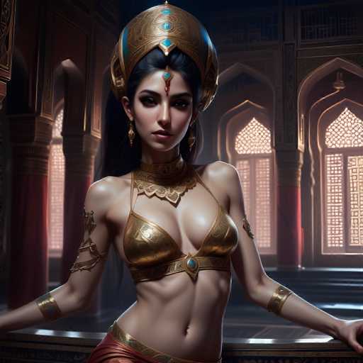 The image depicts a highly detailed, computer-generated or AI-generated artwork of a woman standing in the center of a grand, ornate room. The room features tall, arched windows with intricate designs, allowing light to filter through, and the walls are adorned with gold and red accents. The woman, who has long black hair, is wearing an elaborate gold headdress with blue and red jewels, and a jewel hangs from her forehead. She is dressed in a gold bikini top with a matching band across her waist, and she has numerous gold armbands and bangles on her wrists. Her midriff is bare, and she is wearing a red skirt. The overall scene is rich in color, featuring shades of gold, blue, red, black, tan, and brown, and the woman's pose suggests she is looking directly at the viewer.