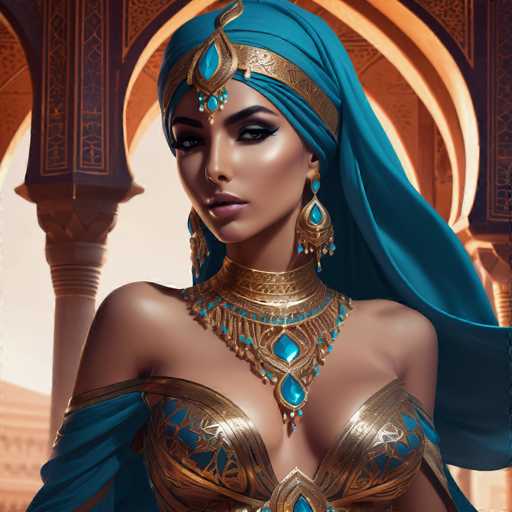The image depicts a highly detailed, computer-generated or AI-generated artwork of a woman with dark skin, possibly of Middle Eastern or Indian descent. She is adorned in an elaborate outfit featuring a golden brass bra with blue accents, and a matching blue and gold headdress that drapes down her back. Her attire includes a large, ornate necklace with blue teardrop-shaped jewels and intricate gold designs. She also wears long, dangling earrings with similar blue teardrop embellishments. The woman's makeup is striking, with dark, winged eyeliner and pink lipstick. She stands in front of a background that appears to be a grand, ornate building with arches and columns, possibly a palace or temple, illuminated by sunlight. The overall scene is rich in detail, with the woman's attire and jewelry being particularly prominent and intricately designed.