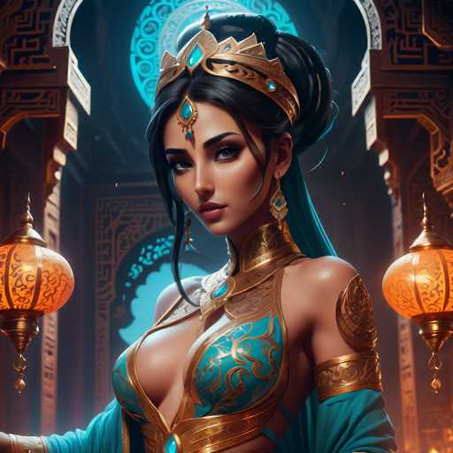 The image depicts a highly detailed, computer-generated or AI-generated artwork of a woman who appears to be a character from a video game. She is adorned in an elaborate outfit featuring a blue and gold ensemble, including a blue bra-like top with intricate gold designs, a gold collar, and a blue sash around her waist. Her attire is complemented by a golden arm band and a golden shoulder piece. She wears a striking golden crown embellished with turquoise jewels, and a matching turquoise jewel hangs from her forehead. Her long black hair is styled in a bun, with a blue ribbon cascading down her back. The woman has brown skin and is positioned in a grand, ornate room with tall ceilings, intricate gold designs, and large blue windows. The room is illuminated by two orange lanterns hanging on either side of her. She gazes directly at the viewer, exuding an air of regality and mystery.