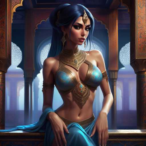 The image depicts a highly detailed, computer-generated illustration of a woman with dark blue hair styled in a ponytail. She is adorned with a golden ornament on her forehead, resembling a leaf, and wears large, dangling earrings. Her attire is a striking combination of blue and gold, featuring a bra-like top with intricate gold designs and a matching blue skirt. The outfit is complemented by a golden belt and armbands. The woman's skin is tan, and she has a serious expression as she gazes slightly to the right. She is seated on a bench, with her hands resting on her legs, and the background reveals a grand, ornate building with tall, arched windows and columns, suggesting a setting reminiscent of a palace. The overall scene is rich in detail, with the woman's attire and the architectural elements contributing to a sense of opulence and grandeur.